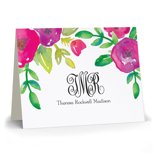 Watercolor Flowers Monogrammed Folded Note Cards